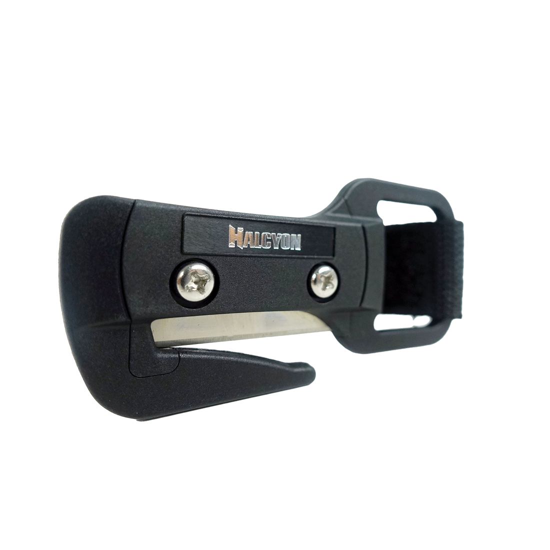 A Halcyon line cutter with black handle and sheath, designed for diving, with the brand name visible.