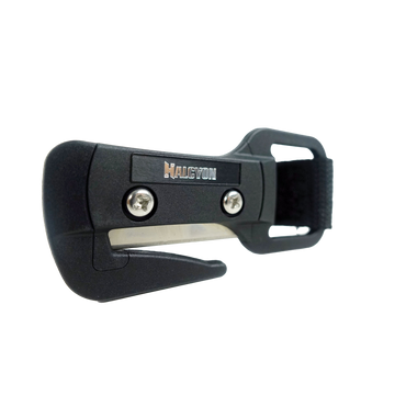 A Halcyon line cutter with black handle and sheath, designed for diving, with the brand name visible.