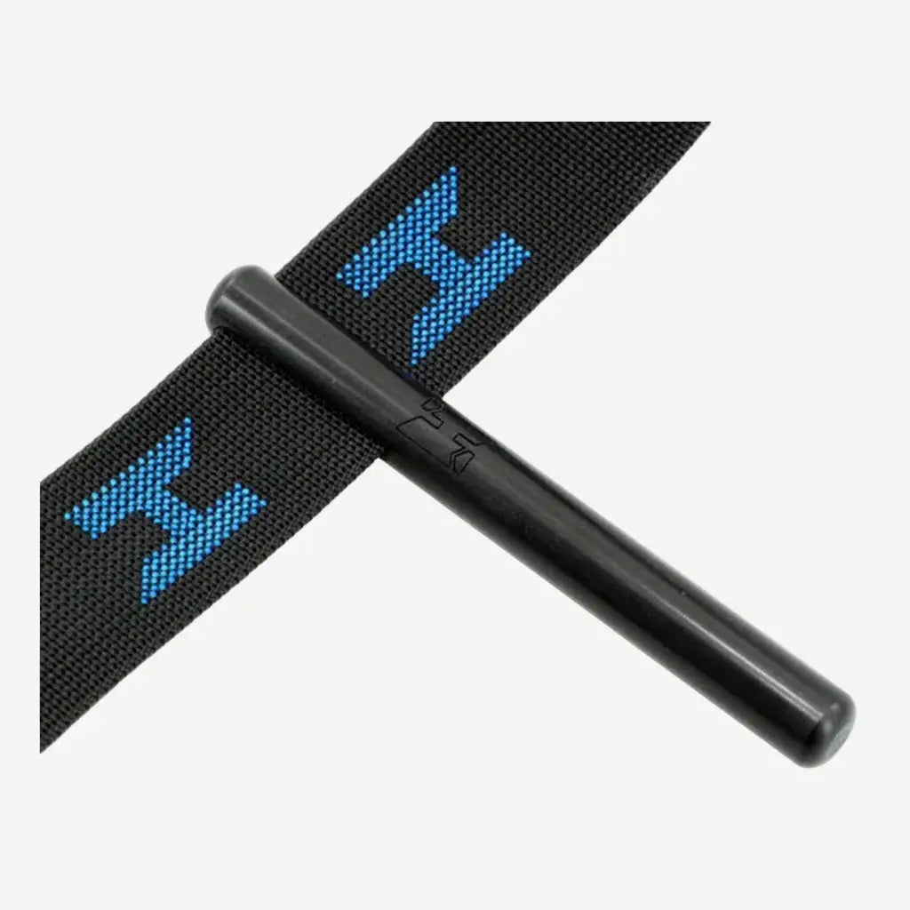 Black cylindrical halcyon long hose retainer stick with textured grip and blue embroidered logo on fabric strap