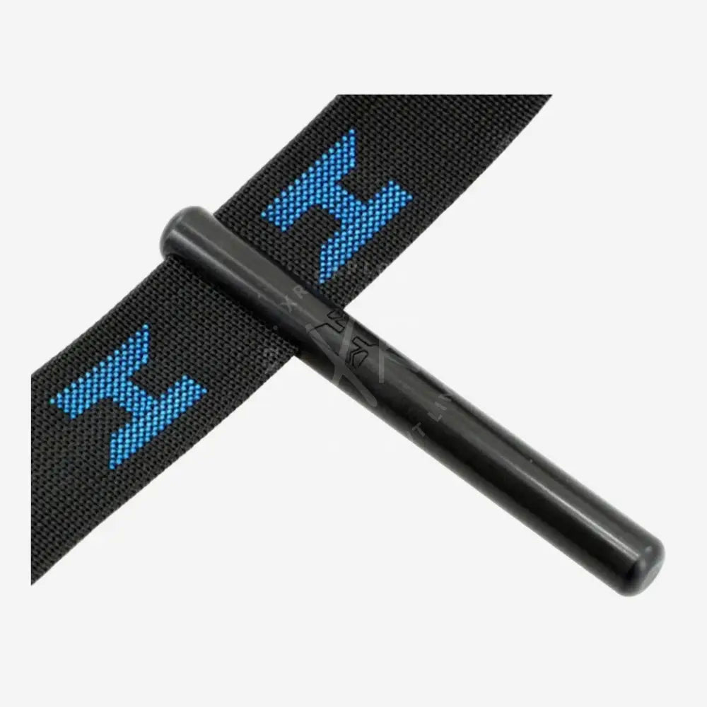 Black cylindrical halcyon long hose retainer stick with textured grip and blue embroidered logo on fabric strap