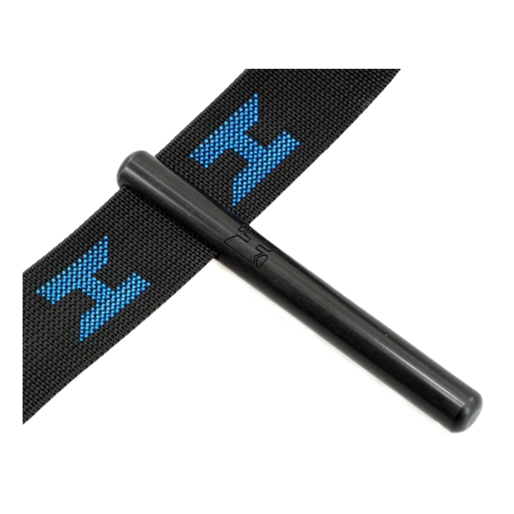 A silver-colored metal long hose stick for diving, with the Halcyon logo engraved on one end.