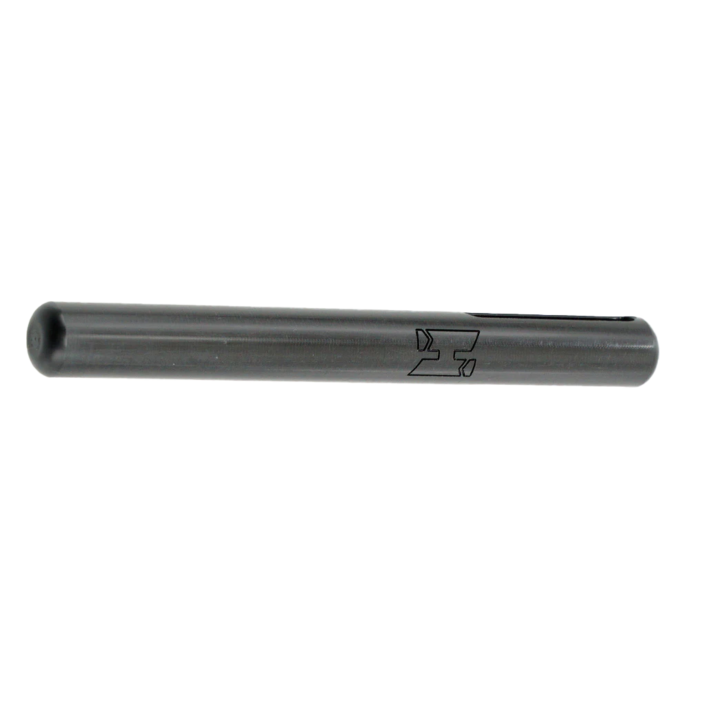 A silver-colored metal long hose stick for diving, with the Halcyon logo engraved on one end.