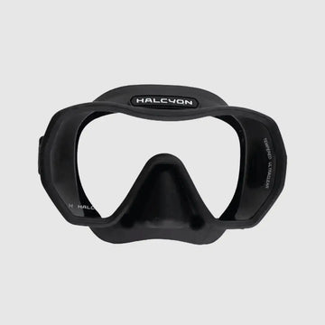 Black diving mask with 'HALCYON' branding on a light gray background