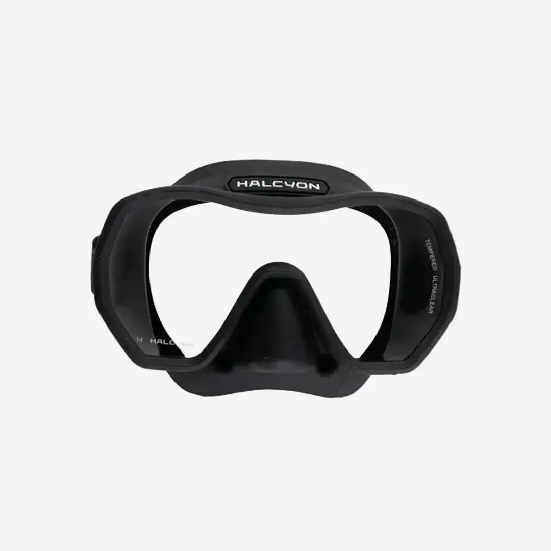 Black diving mask with 'HALCON' branding on a white background
