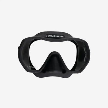 Black diving mask with 'HALCON' branding on a white background