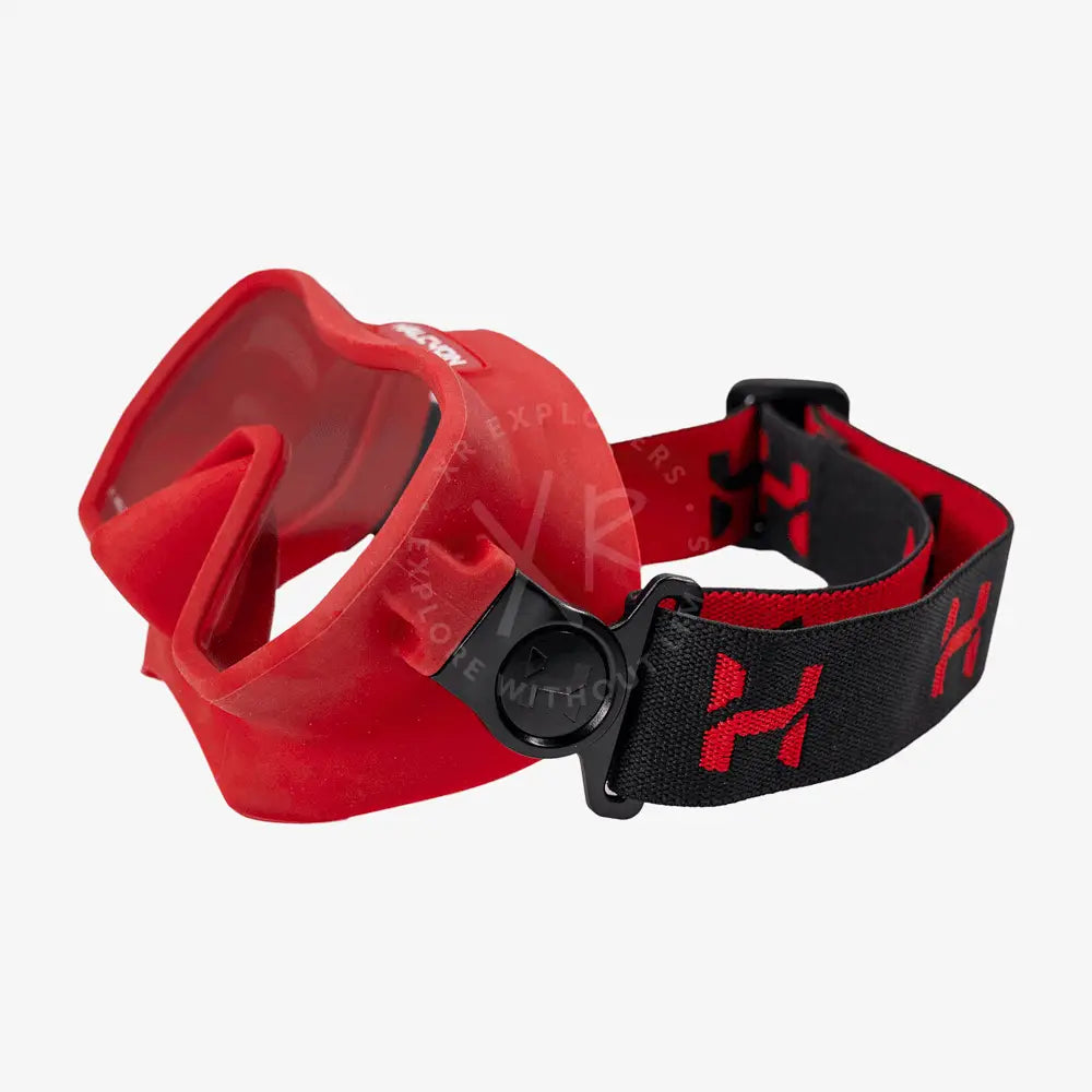 Halcyon omnis mask red snorkeling mask with black adjustable strap and visible logo branding on the front