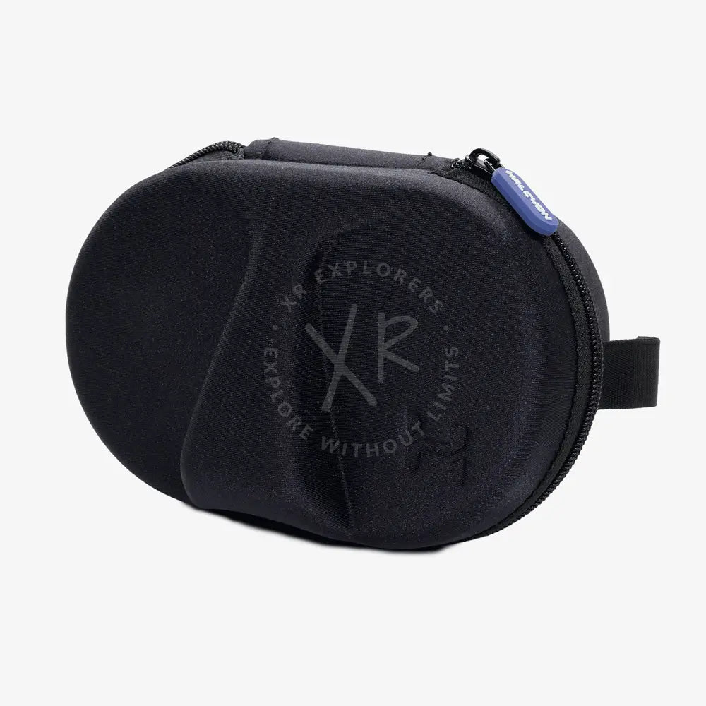 Black neoprene Halcyon Omnis Mask protective case with blue zipper pull and subtle embossed logo
