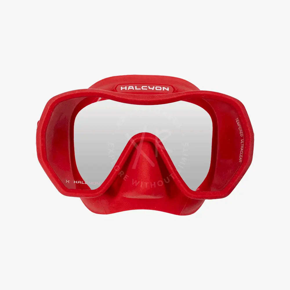 Red Halcyon Omnis diving mask with tempered ultra-clear lens and molded silicone frame for underwater use