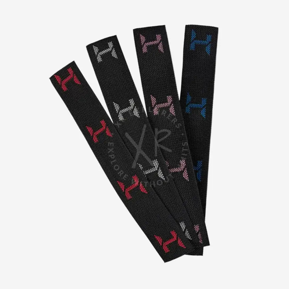Four black straps with colorful 'H' logos on a white background