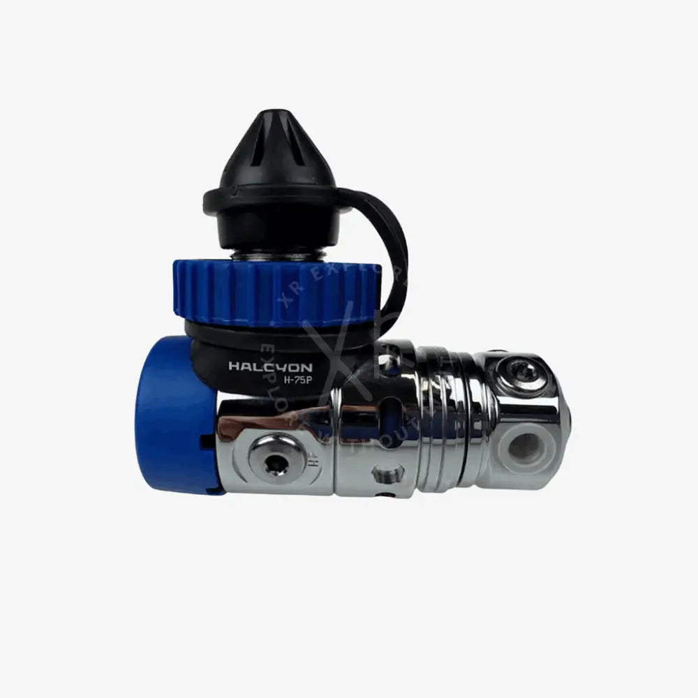 Halcyon sidemount regulator package h-75p and halo with black and blue hoses and silver pressure gauges for scuba diving