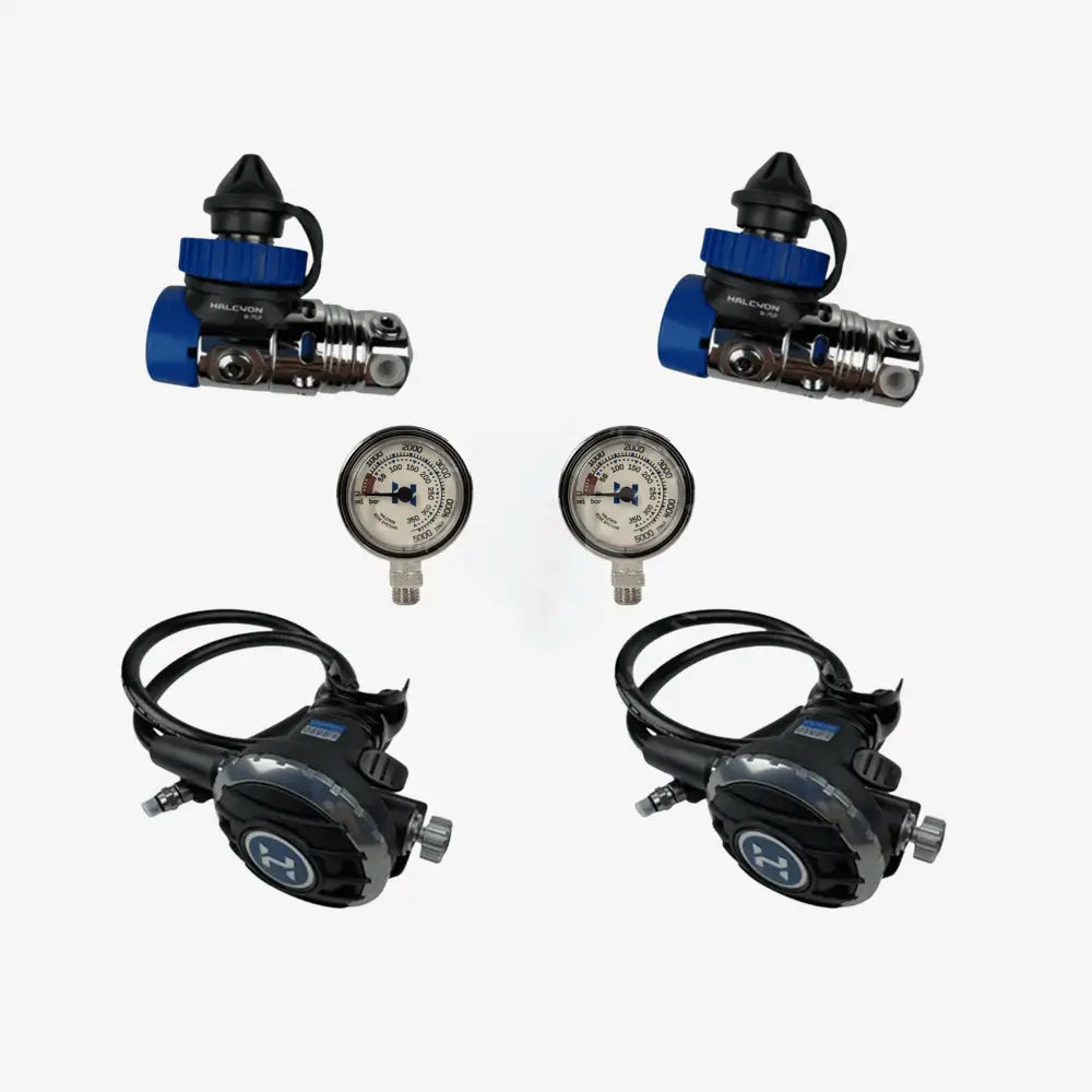 Halcyon sidemount regulator package h-75p and halo with black and blue hoses and silver pressure gauges for scuba diving