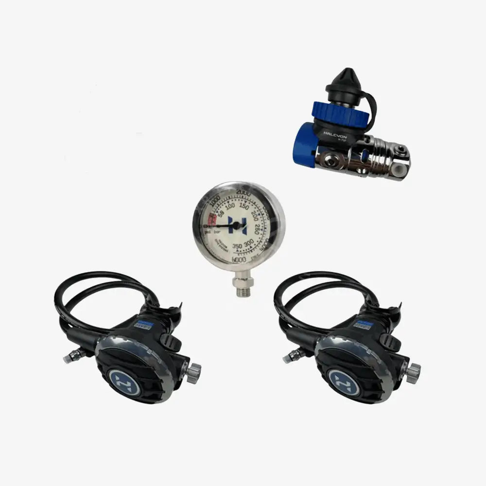 Halcyon single cylinder regulator package h-75p and halo in black and silver halexon with blue accents for scuba diving