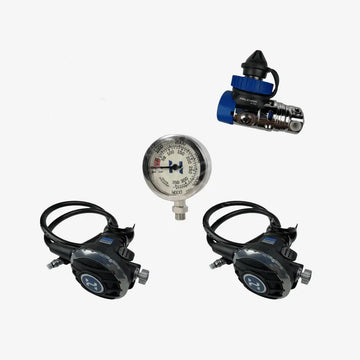 Halcyon single cylinder regulator package h-75p and halo in black and silver halexon with blue accents for scuba diving