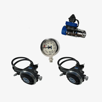 Halcyon single cylinder regulator package h-75p and halo in black and silver halexon with blue accents for scuba diving