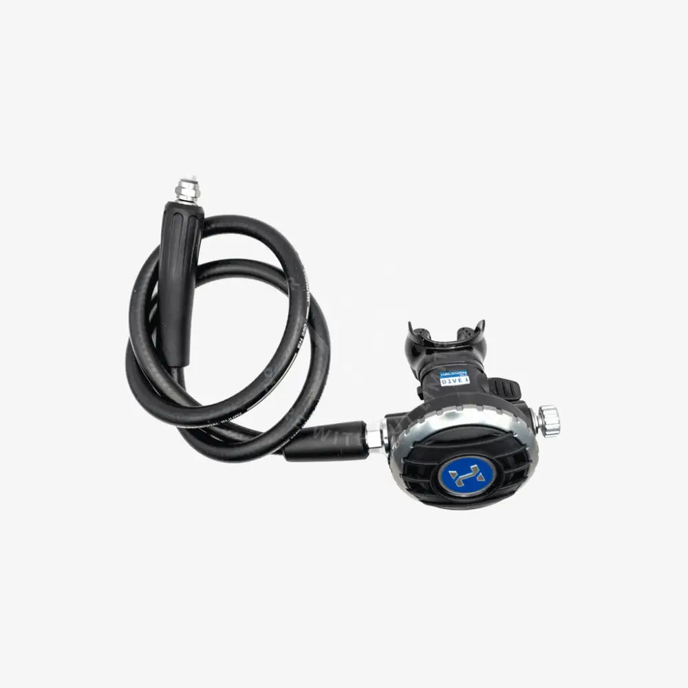 A black scuba diving regulator with an attached coiled black hose, featuring a blue logo badge on the front, set against a plain light gray background.