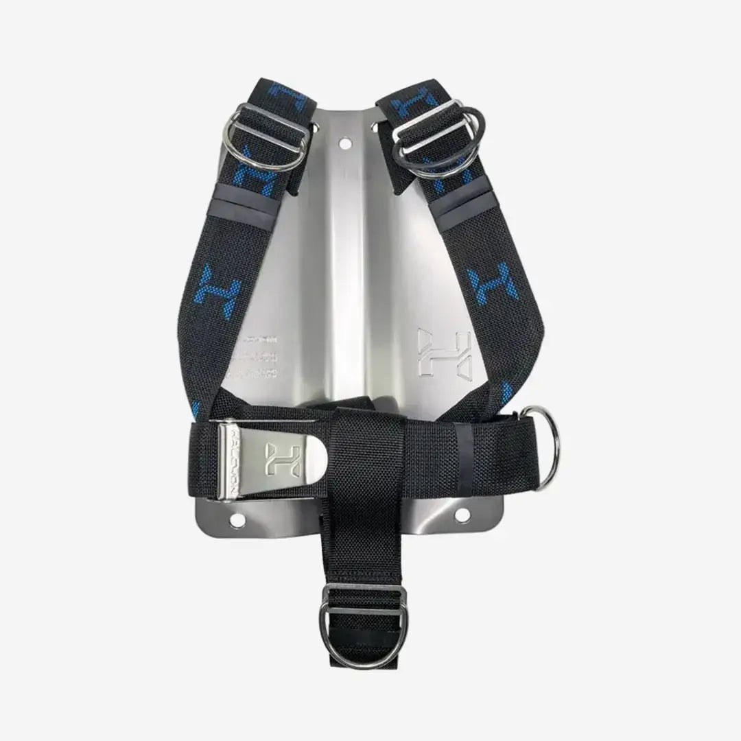 Metal backplate with black straps on a white background