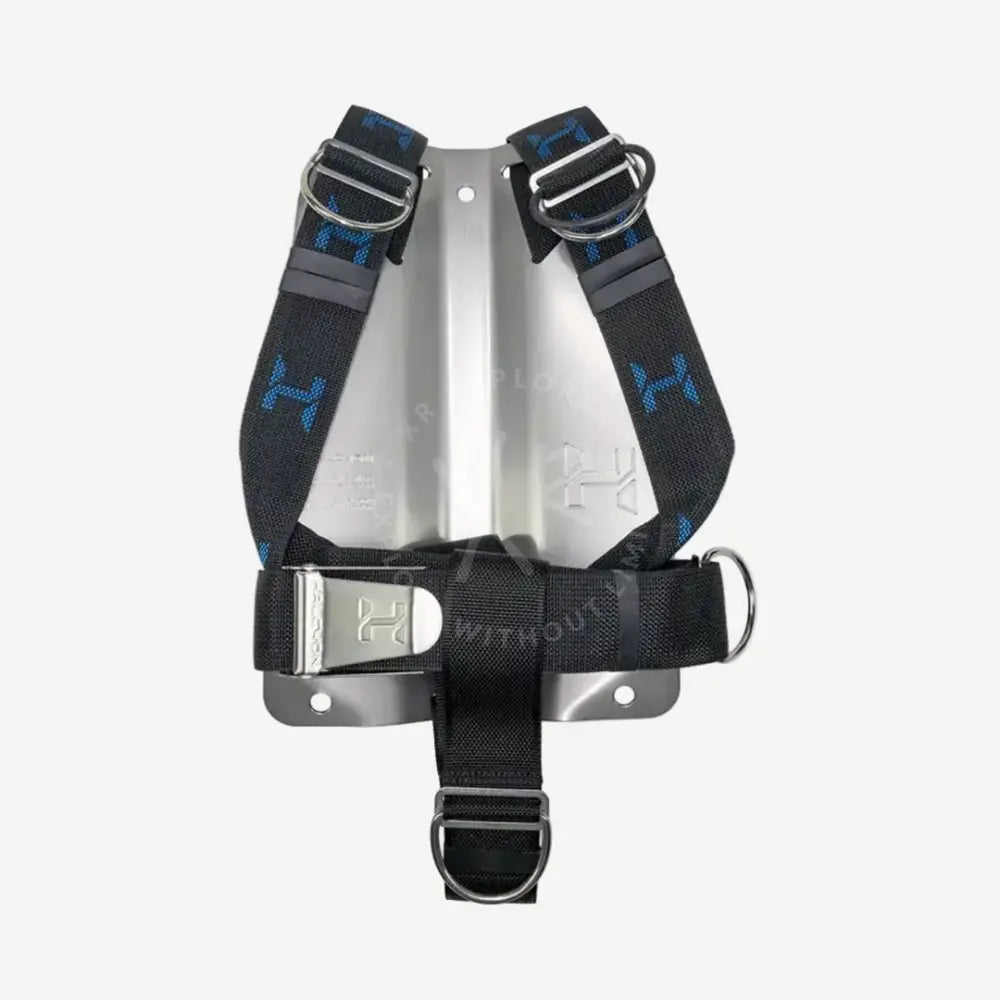 Metal backplate with black straps on a white background