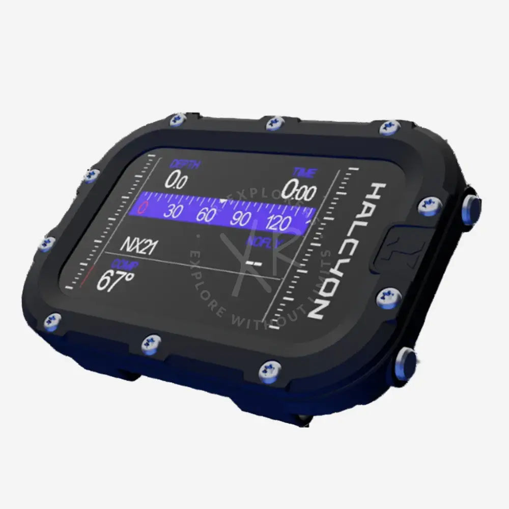 A modern Halcyon Symbios handset with a digital display showing dive information, featuring a black casing with blue accents.