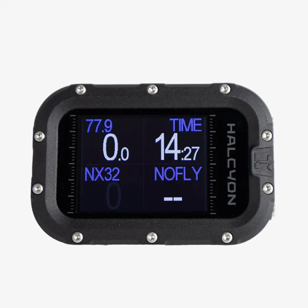 A modern Halcyon Symbios handset with a digital display showing dive information, featuring a black casing with blue accents.