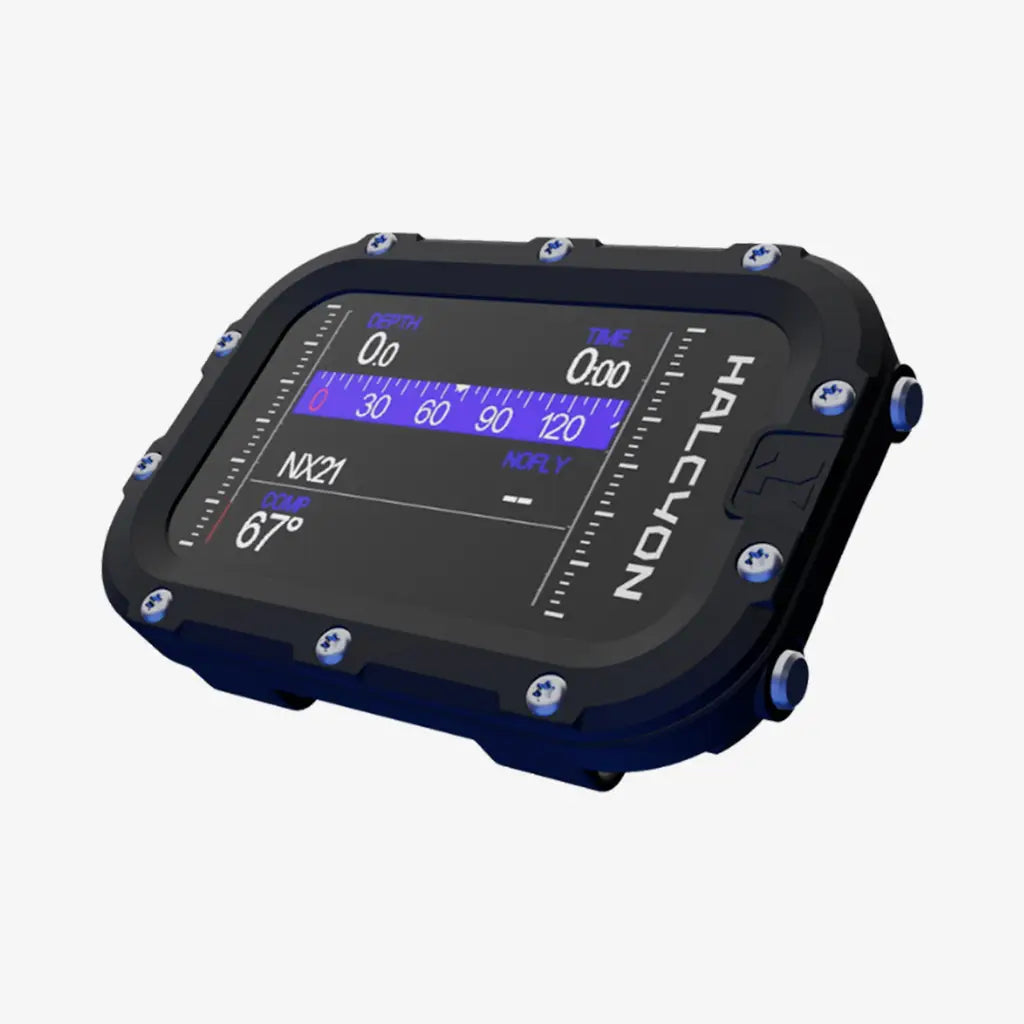Black halcyon nx21 dive computer with digital display showing depth time and temperature in halcyon symbiosis bundle
