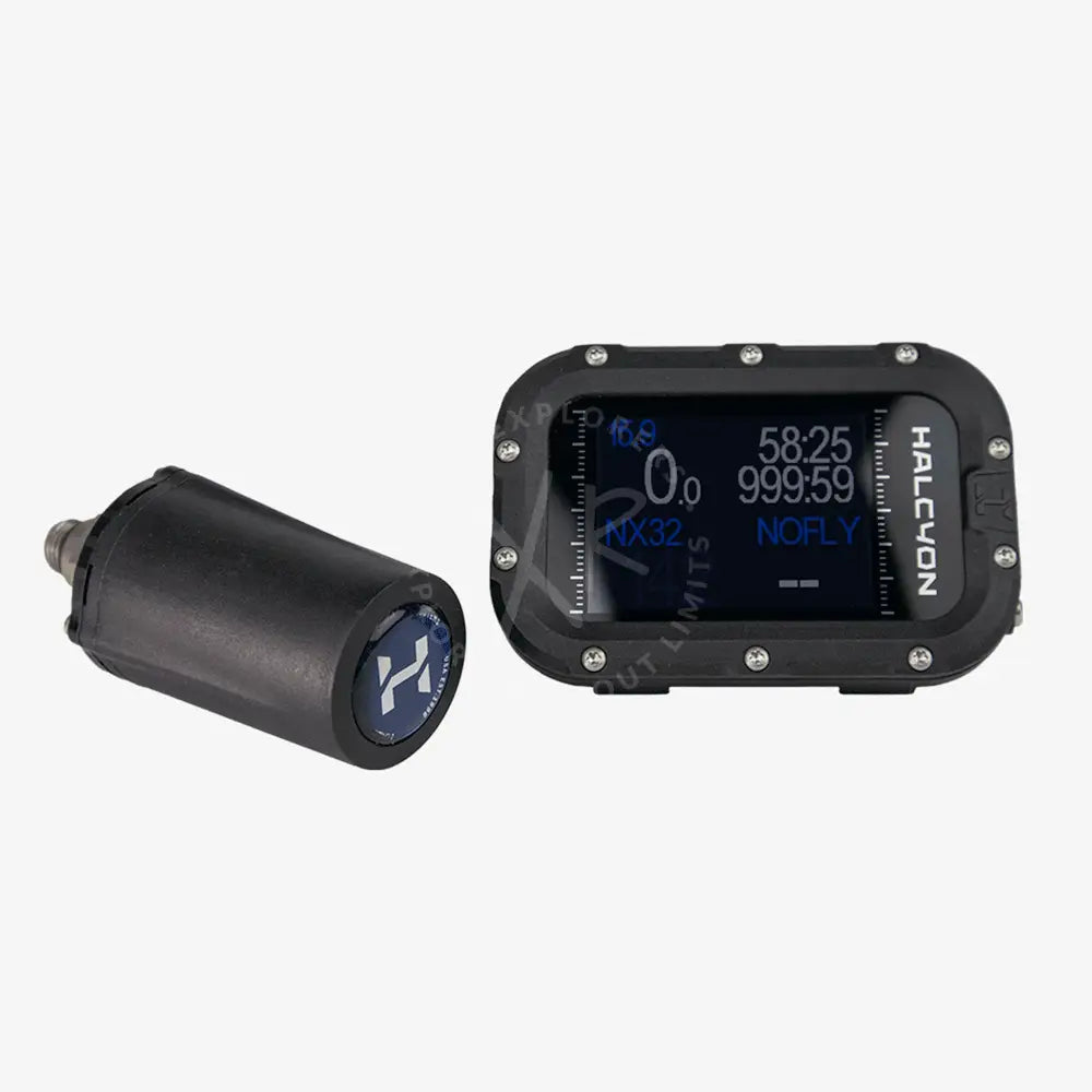 A modern Halcyon Symbios handset with a digital display showing dive information, featuring a black casing with blue accents.