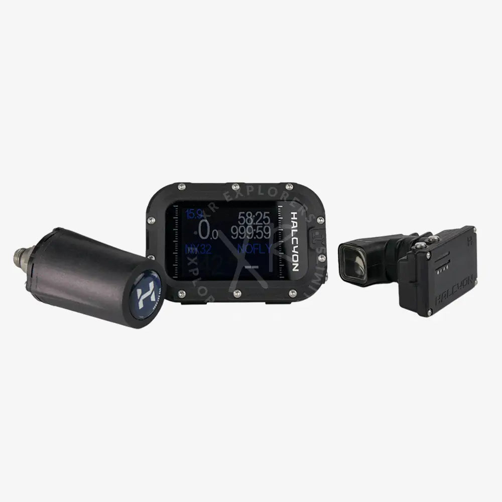 A modern Halcyon Symbios handset with a digital display showing dive information, featuring a black casing with blue accents.