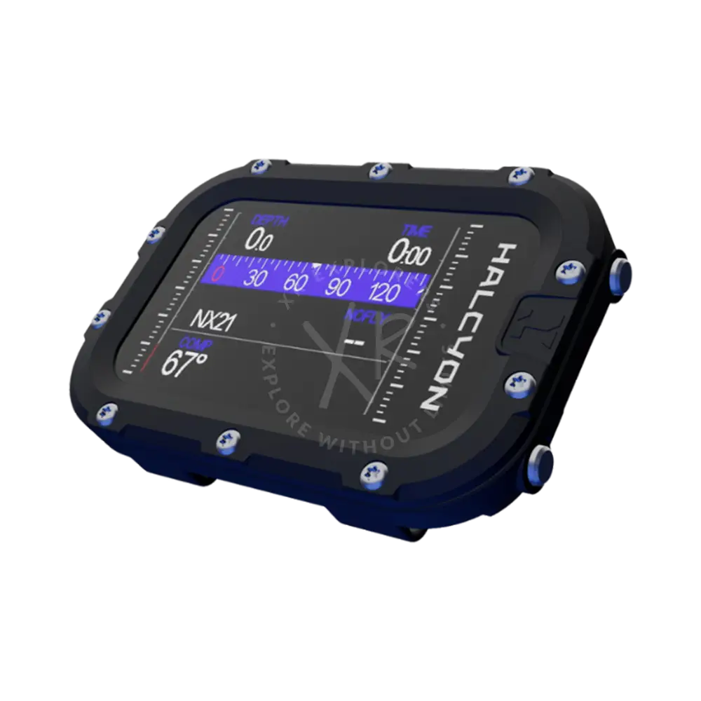 Black halcyon nx21 dive computer with digital display showing depth time and temperature in halcyon symbiosis bundle