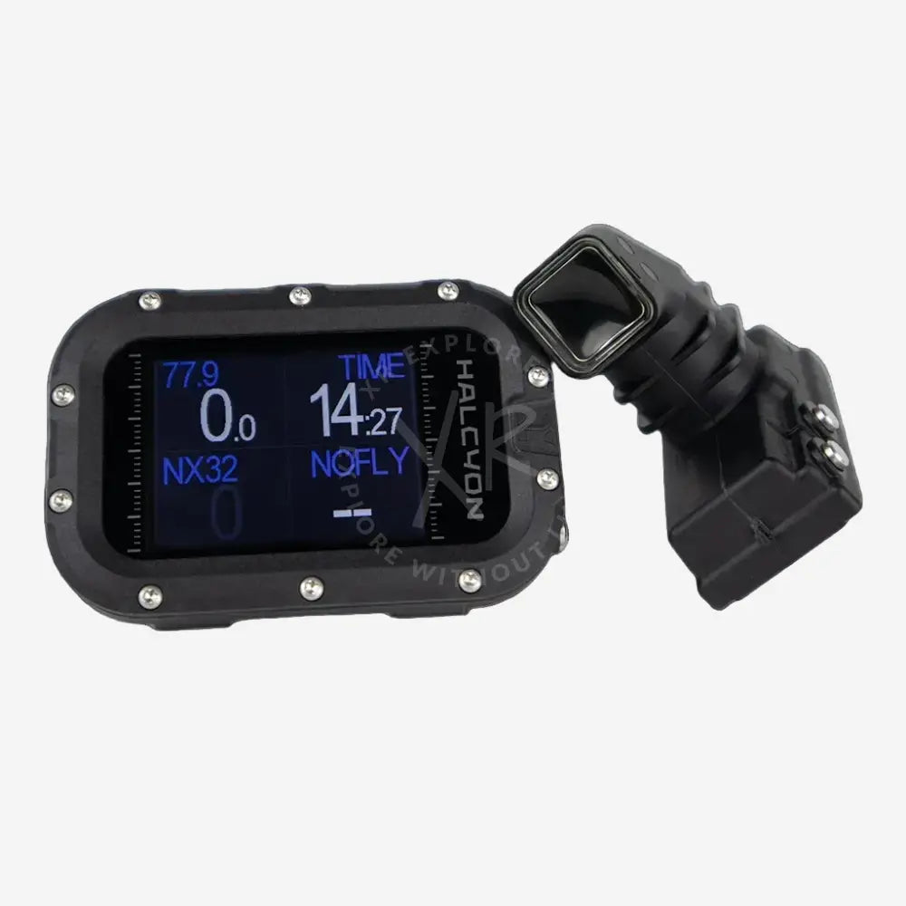 Black electronic device with digital display on a white background