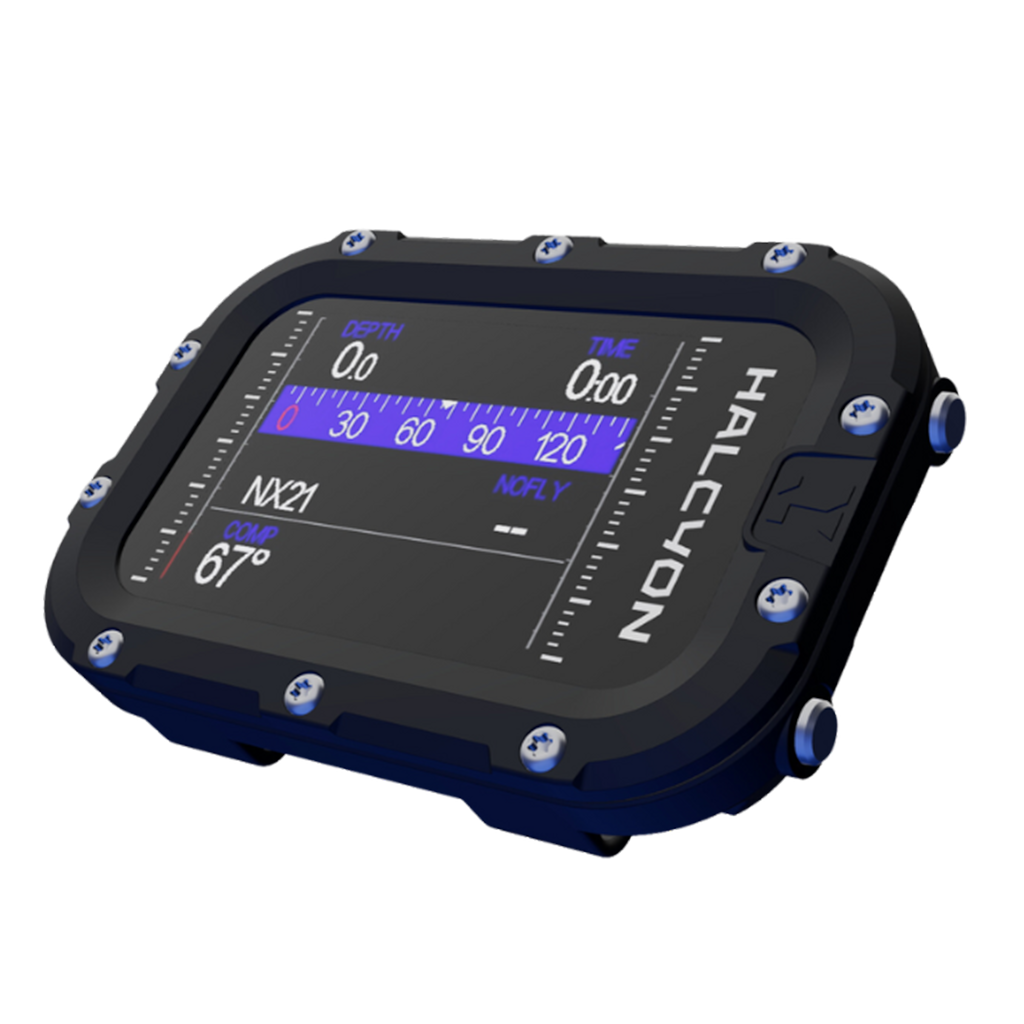 A modern Halcyon Symbios handset with a digital display showing dive information, featuring a black casing with blue accents.