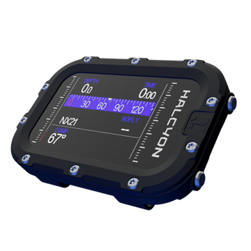 A modern Halcyon Symbios handset with a digital display showing dive information, featuring a black casing with blue accents.