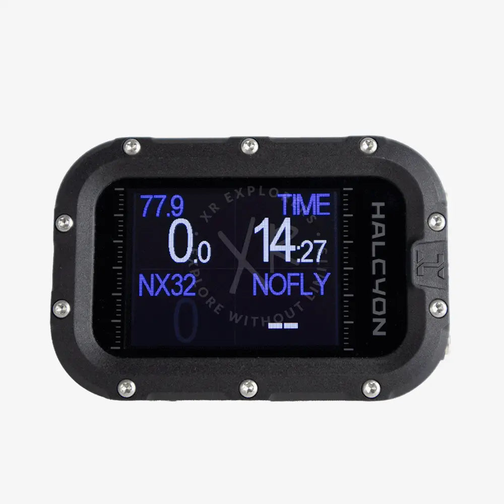 A modern Halcyon Symbios handset with a digital display showing dive information, featuring a black casing with blue accents.