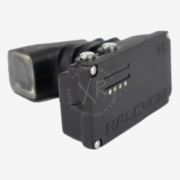A black Halcyon Symbios Head-up Display for diving, featuring a micro display and control buttons.