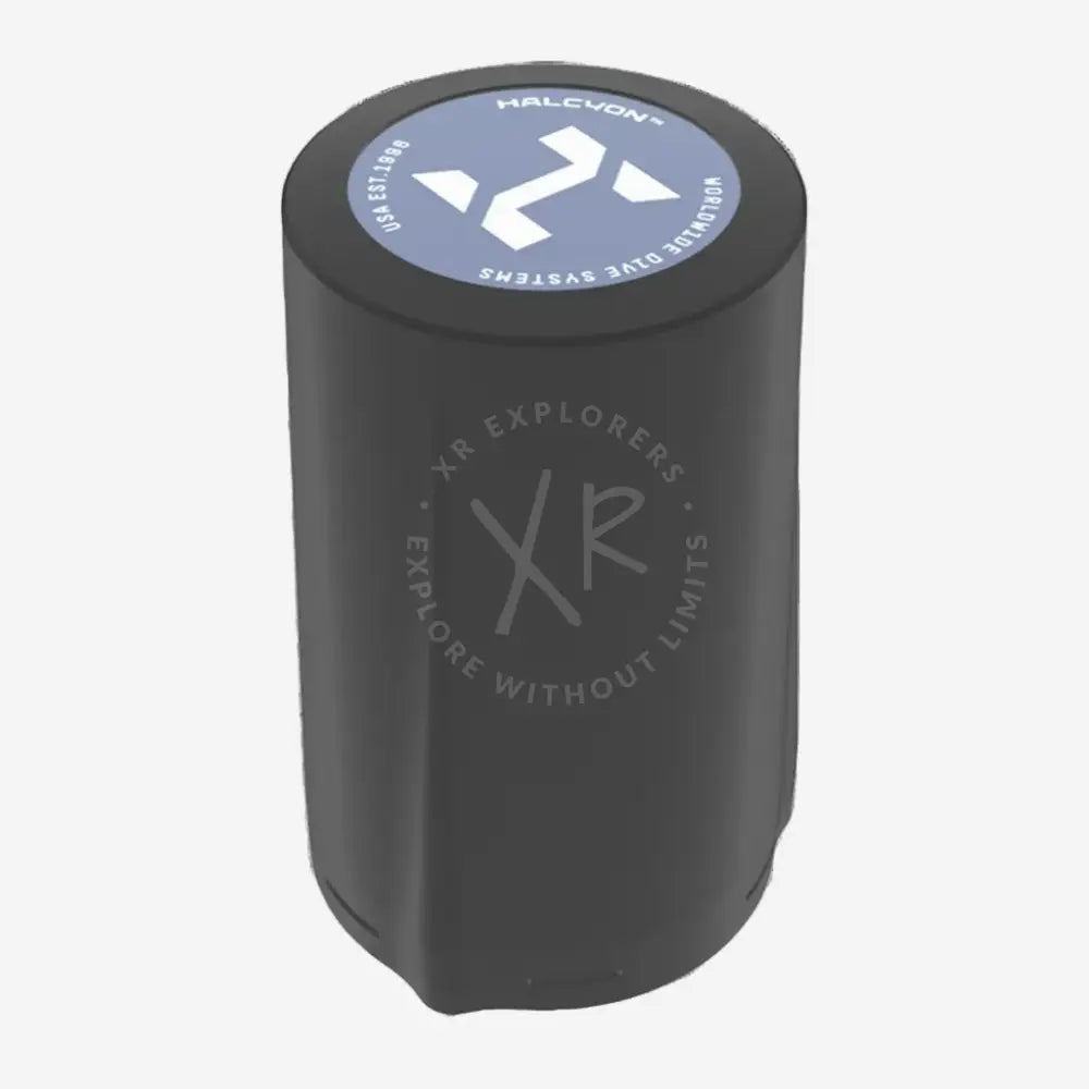 Black cylindrical halcyon symbios tank pod wireless transmitter with blue logo for dive computer trim analysis