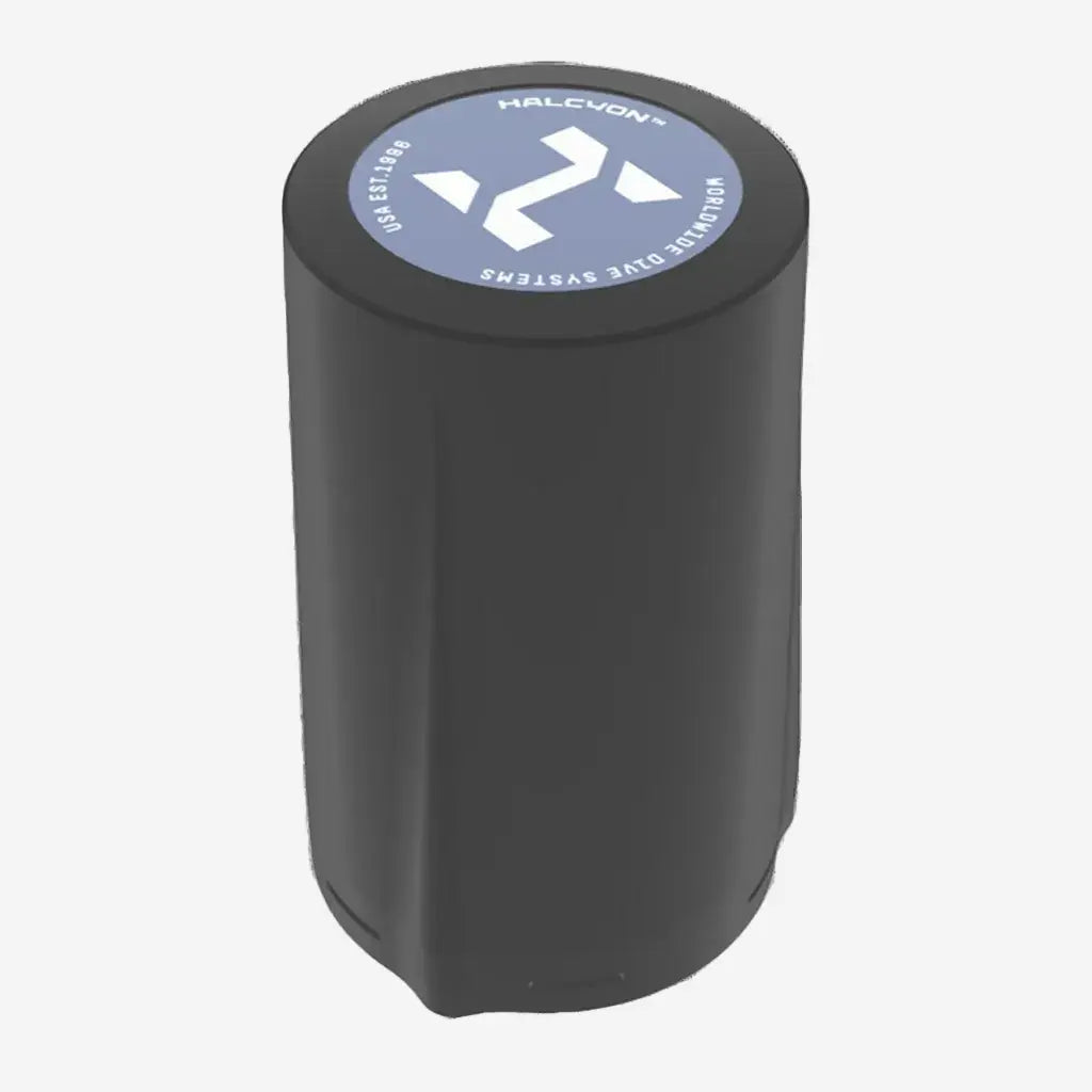 Black cylindrical halcyon symbios tank pod wireless transmitter with blue logo for dive computer trim analysis
