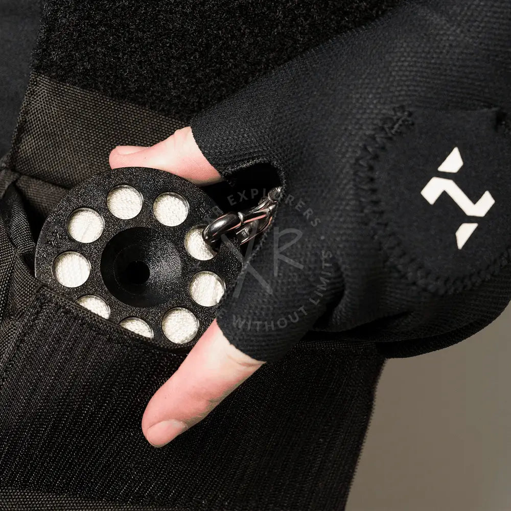 Halcyon tech dive shorts black circular weight with white textured neoprene inserts and metal clip for diving gear