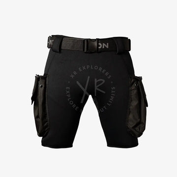Black tactical shorts with multiple pockets and a belt on a white background
