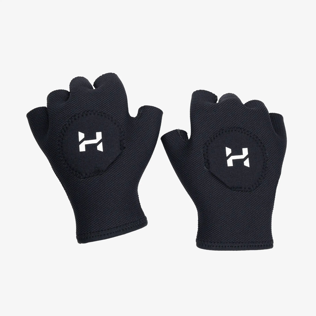 A pair of black neoprene diving gloves with a distinctive white 'H' logo on the back, designed for underwater activities.