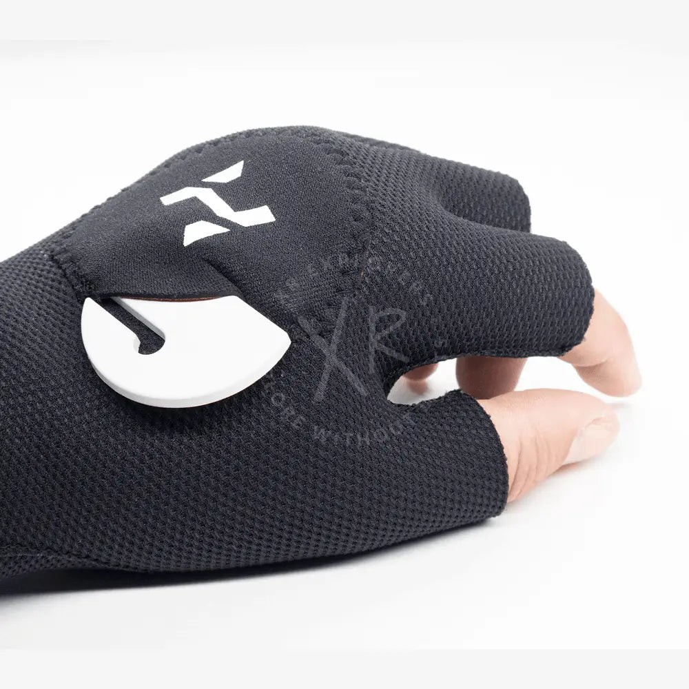 Black halcyon tech fingerless cycling glove with white logo and white hook-shaped palm attachment and cookie pocket
