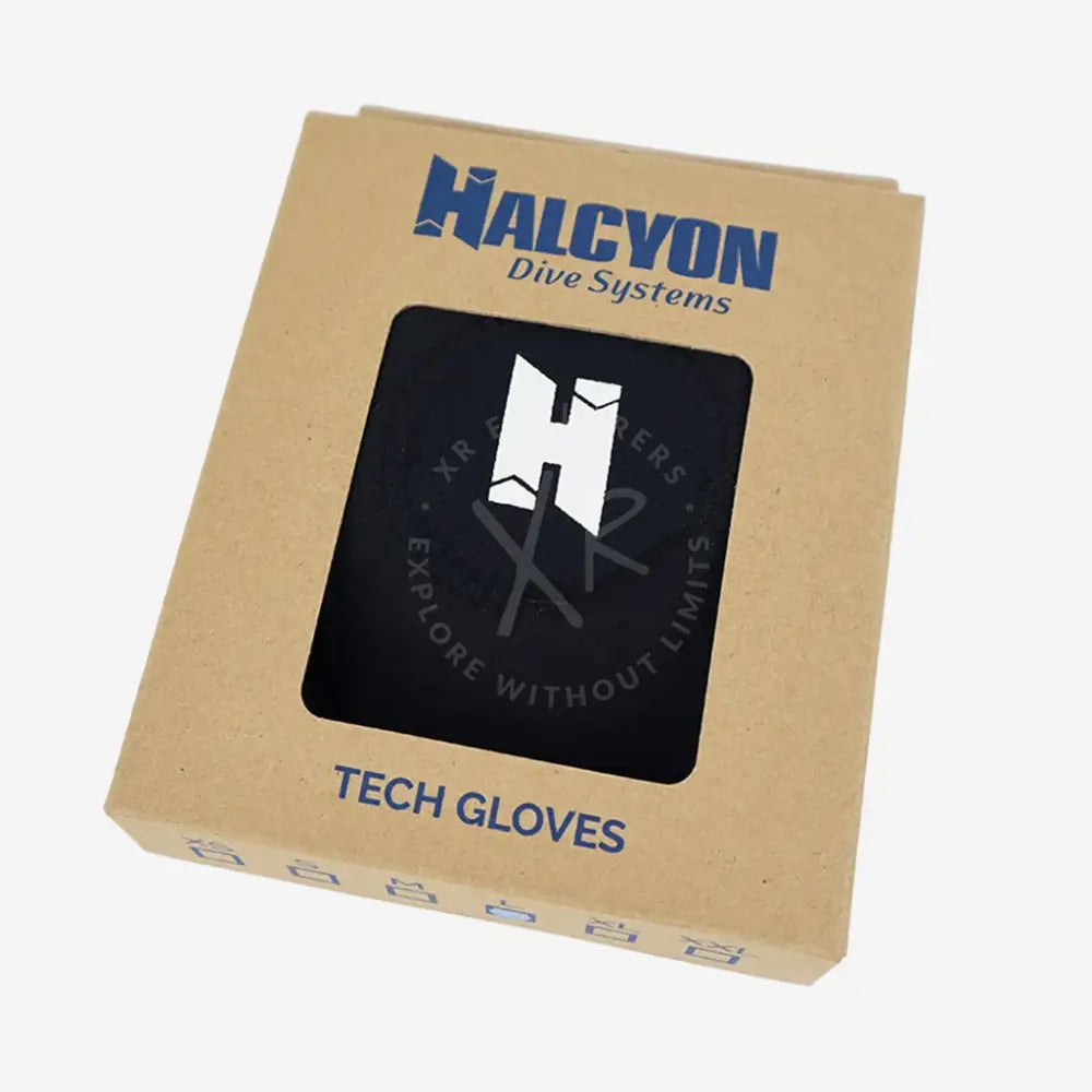 Black halcyon tech gloves fingerless with cookie pocket 3mm in a cardboard box with blue branding visible