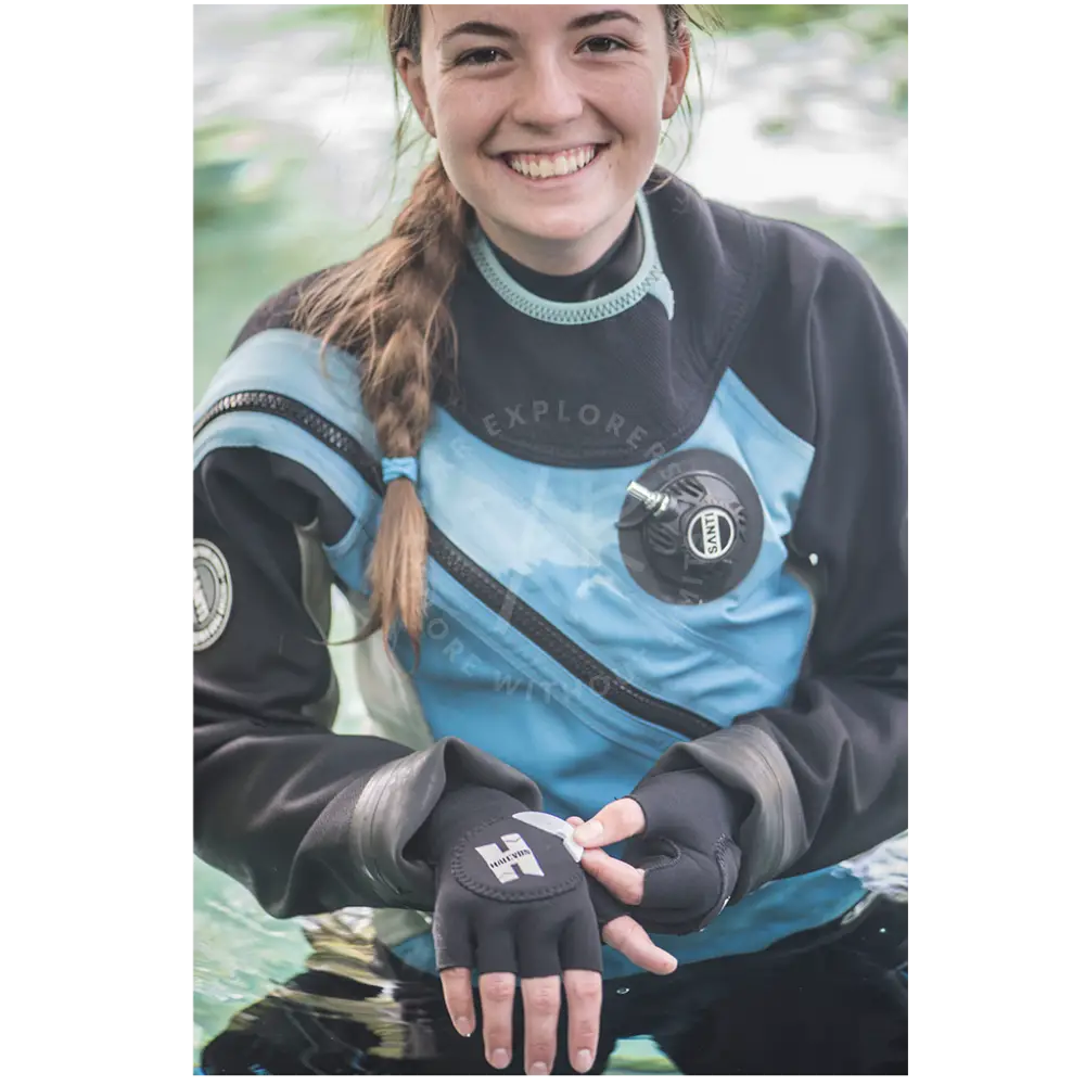 Halcyon tech gloves fingerless 3mm black and light blue wetsuit material with white logo on the back of each hand