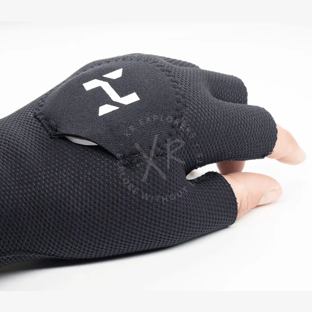 A pair of black neoprene diving gloves with a distinctive white 'H' logo on the back, designed for underwater activities.