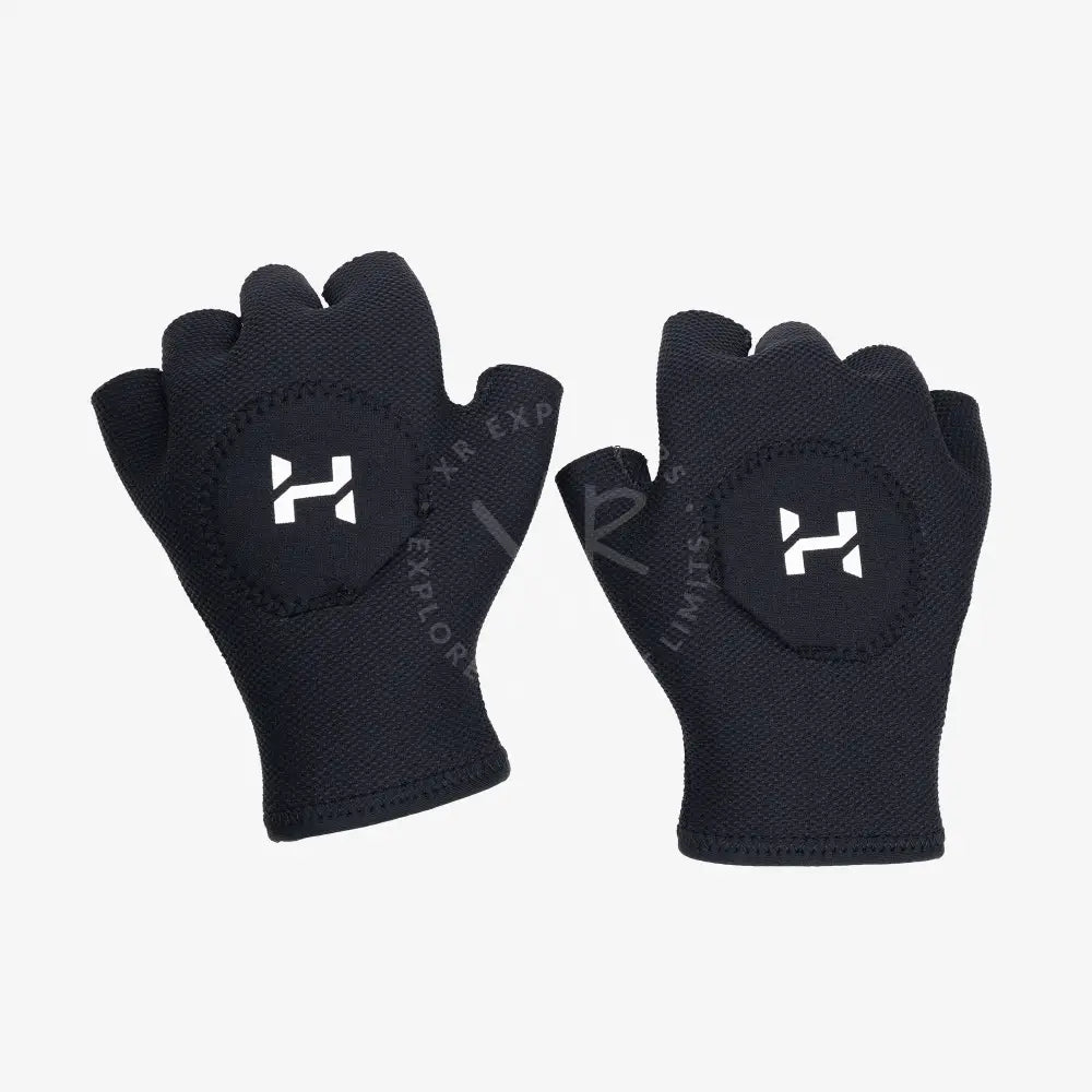 A pair of black neoprene diving gloves with a distinctive white 'H' logo on the back, designed for underwater activities.