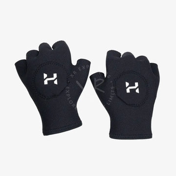 A pair of black neoprene diving gloves with a distinctive white 'H' logo on the back, designed for underwater activities.