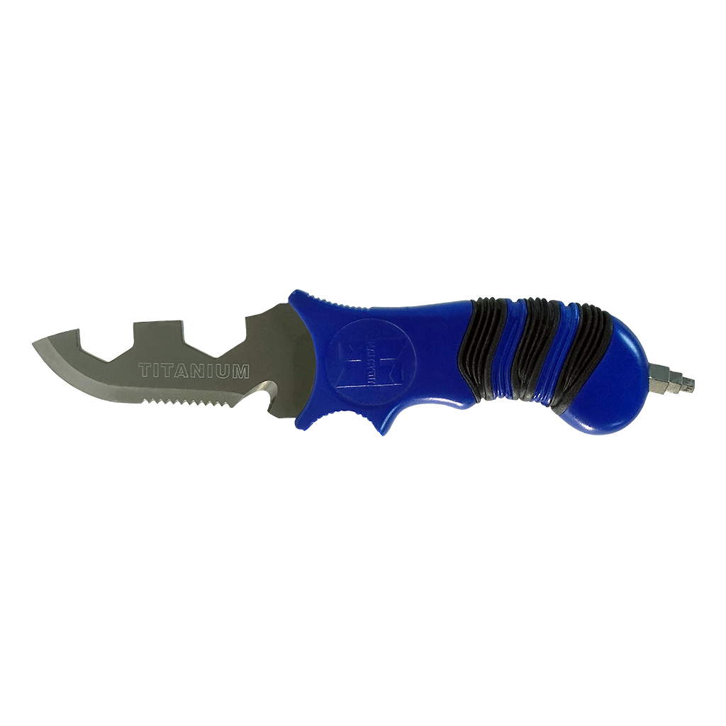 A titanium multi-tool with a combination of a blade, knife edge, serrated edge, and Allen keys, featuring a blue handle with black accents.