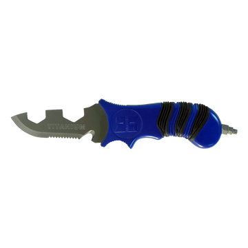 A titanium multi-tool with a combination of a blade, knife edge, serrated edge, and Allen keys, featuring a blue handle with black accents.