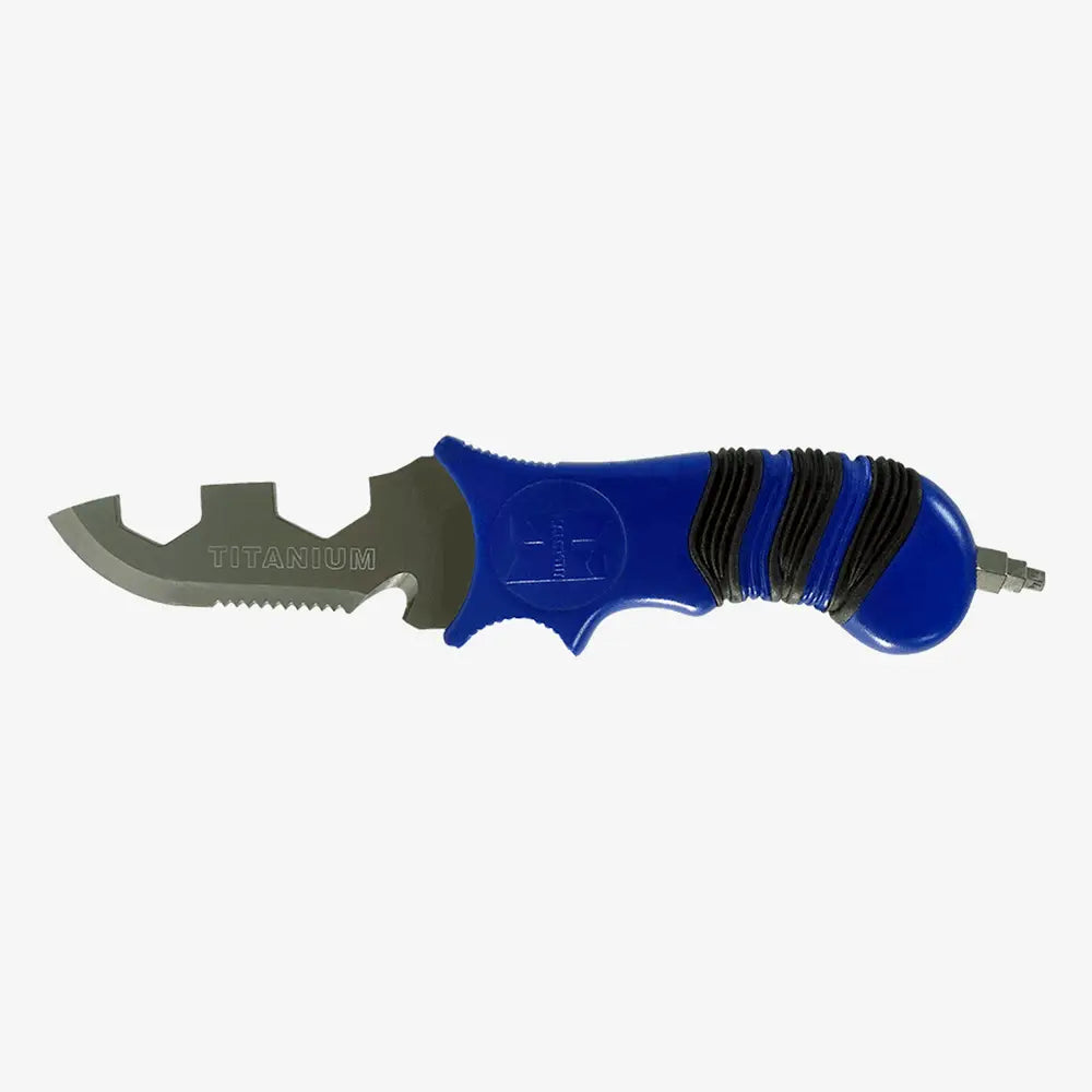 A titanium multi-tool with a combination of a blade, knife edge, serrated edge, and Allen keys, featuring a blue handle with black accents.