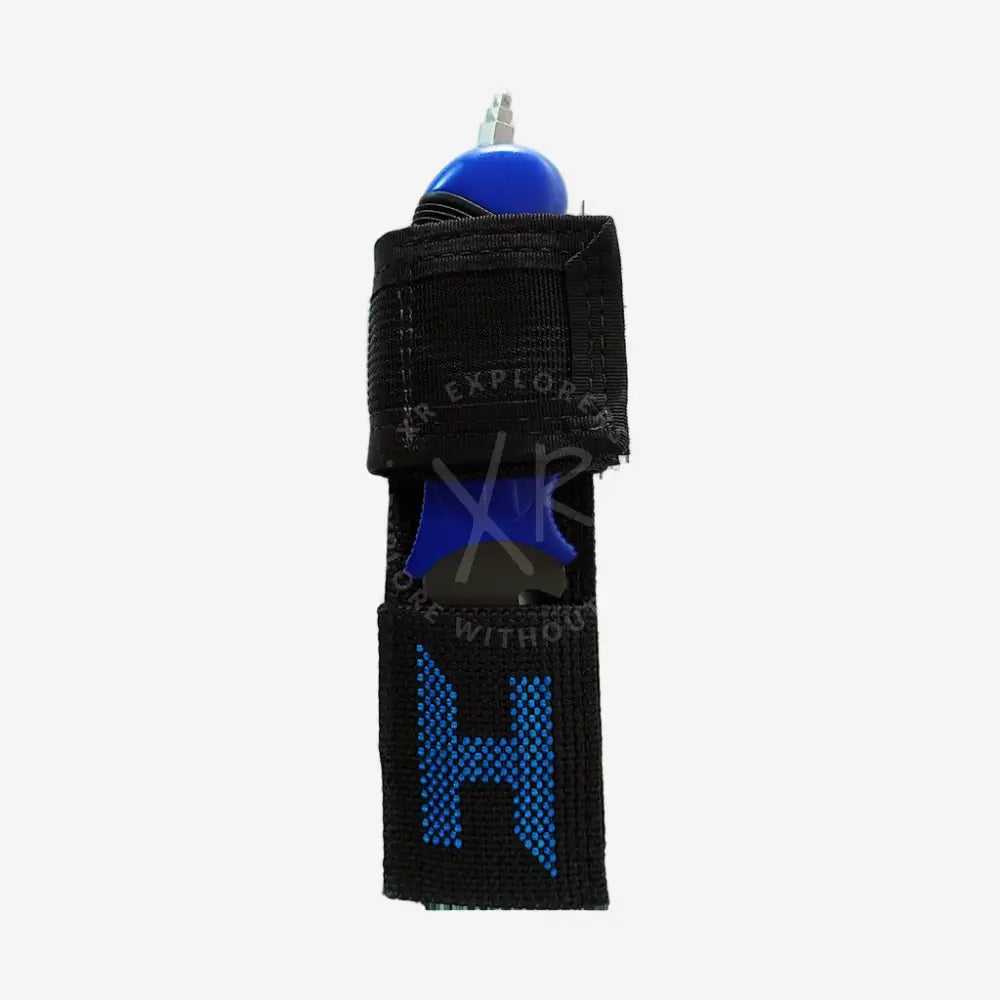 Black fabric sheath with blue logo holding a blue-handled halcyon titanium multi-tool for outdoor use