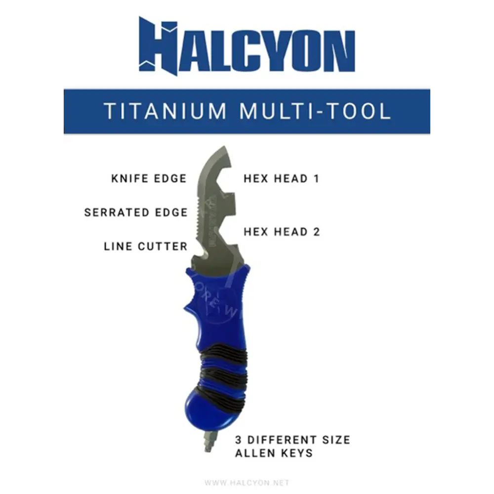 Blue-handled halcyon titanium multi-tool with knife edge serrated edge line cutter and two hex heads visible