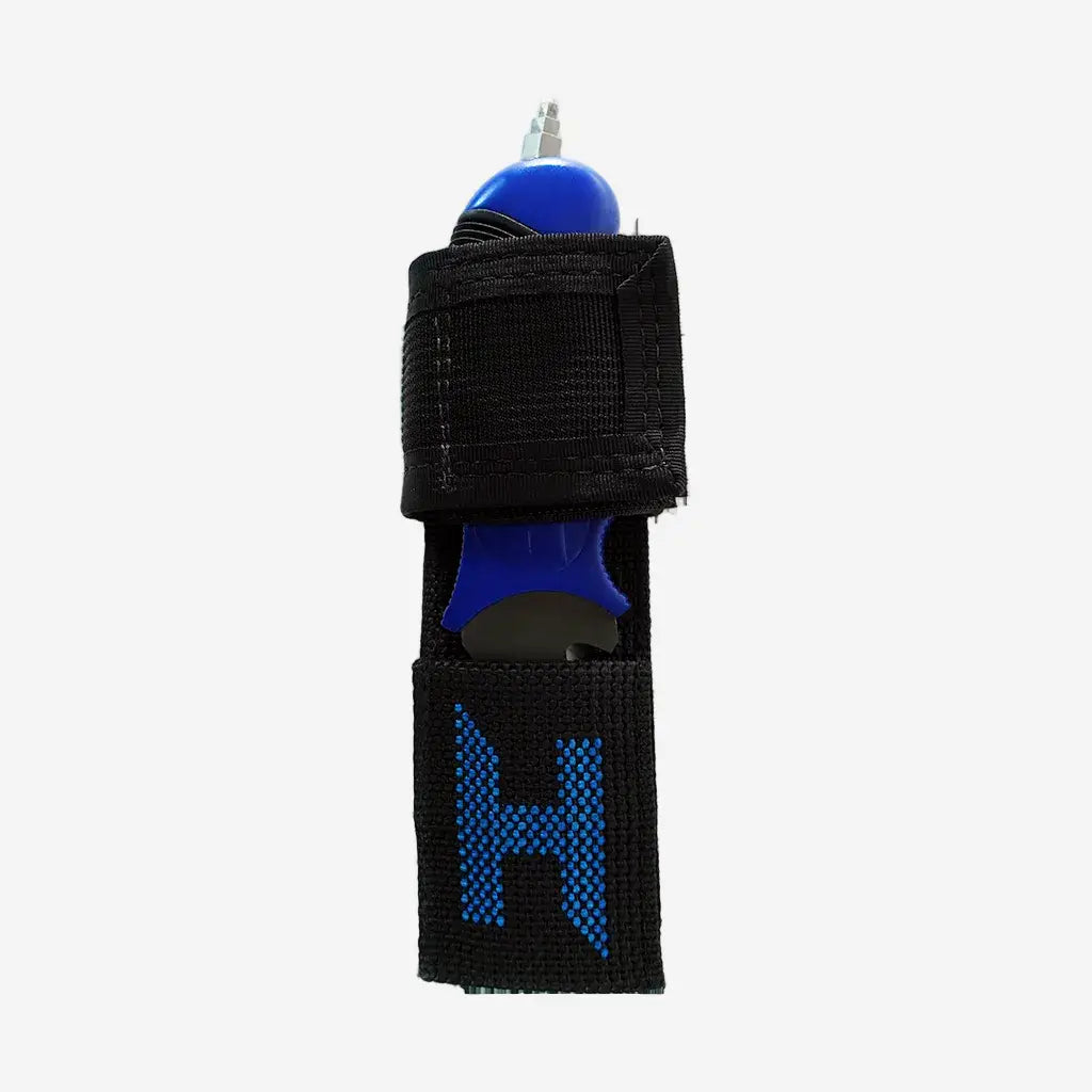 A titanium multi-tool with a combination of a blade, knife edge, serrated edge, and Allen keys, featuring a blue handle with black accents.
