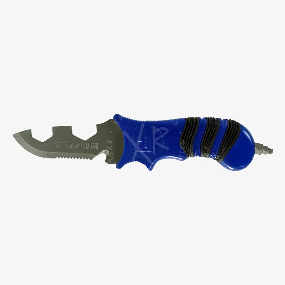 A titanium multi-tool with a combination of a blade, knife edge, serrated edge, and Allen keys, featuring a blue handle with black accents.